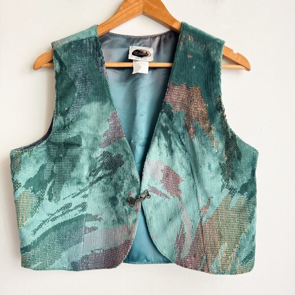 Vintage Western Collection Turquoise Teal Carpet Fabric Cropped Vest L - Picture 3 of 8